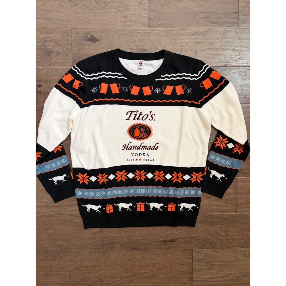 Tito's Handmade Vodka Sweater Mens XL Black White Acrylic Fair Isle Holiday Knit